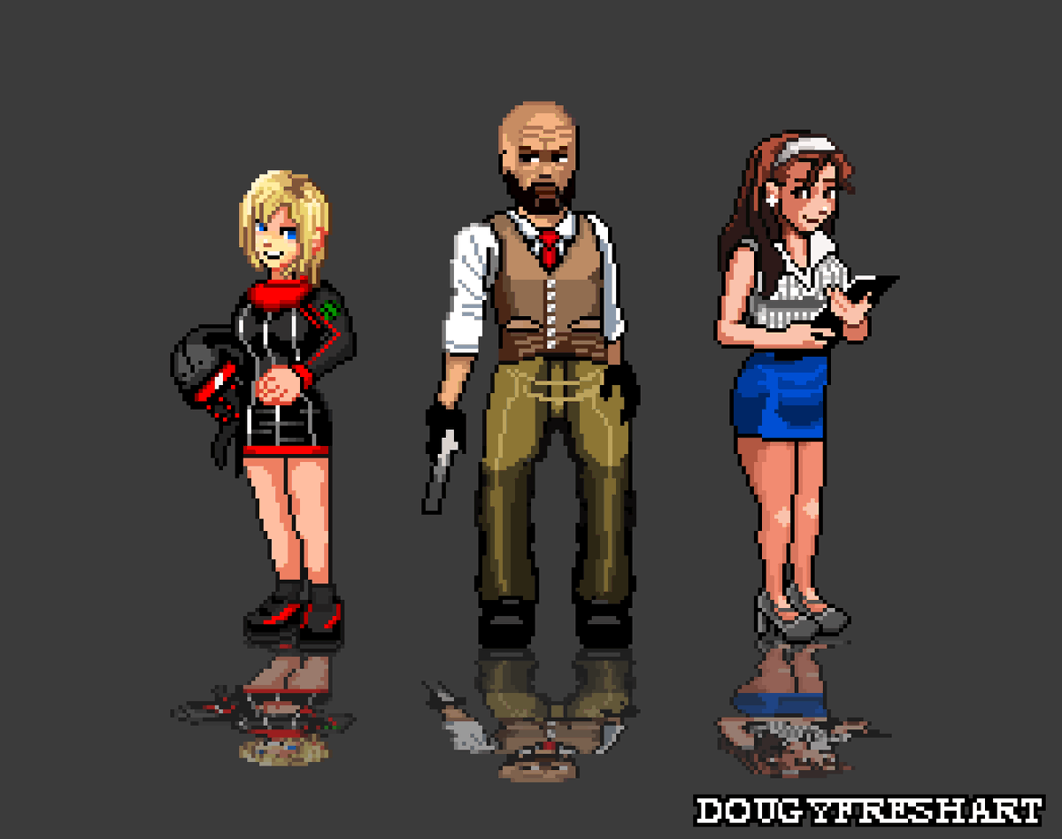 DigDougArt's tweet image. Eve Brea, Rupert Broderick and Jodie Bouquet 🕵️‍♂️#ParasiteEve2 #pixelart #retrogames