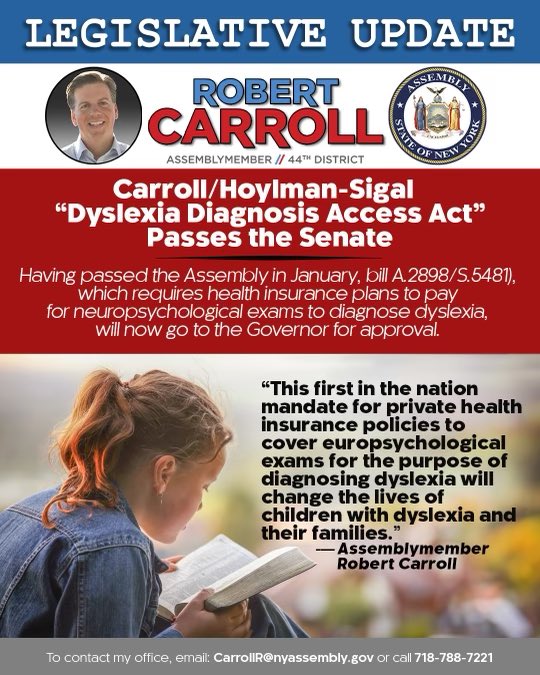 🚨We made history! 🚨

First in the nation mandate for private insurance to cover neuropsychological examination for the purpose of diagnosing dyslexia. 

TY <a href="/bradhoylman/">Brad Hoylman-Sigal 🌈🥯</a> and all the advocates.