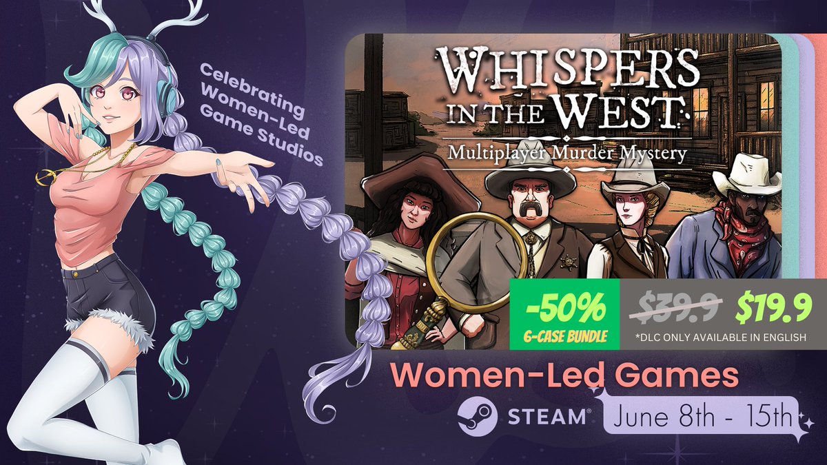 Whispers in the West 🤠 Out now (@teamdissonant) on Twitter photo We're part of the Women-Led Games <a href="/womenledgames/">Women-Led Games</a> event on Steam!
For a limited time, we are offering 50% off the 6-case bundle during #WLG2024 (and, as always, friends play for free).
Solve co-op murder mysteries in Whispers in the West! bit.ly/WLGSteamEvent We're part of the Women-Led Games <a href="/womenledgames/">Women-Led Games</a> event on Steam!
For a limited time, we are offering 50% off the 6-case bundle during #WLG2024 (and, as always, friends play for free).
Solve co-op murder mysteries in Whispers in the West! bit.ly/WLGSteamEvent