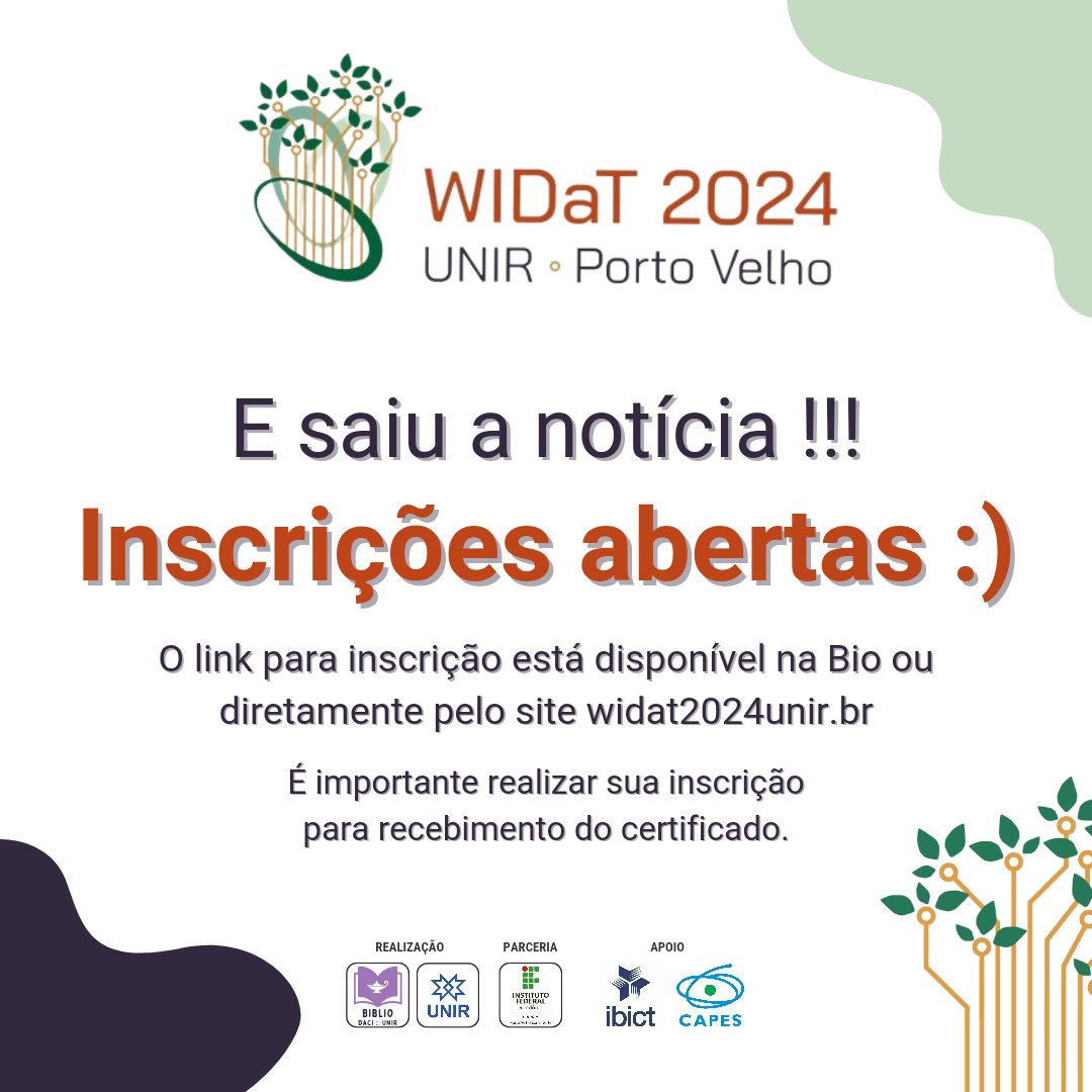 🤩 Olá pessoas, já estão sabendo ?👀 SIMM, está  disponível o link de inscrição para o VII WIDaT! 
• Você consegue acessar pelo link da bio ou diretamente pelo site do widat2024.

🗓️ Anote essas datas : 25 a 27 de Junho em Porto Velho, Rondônia.

#widat2024unir #portovelho