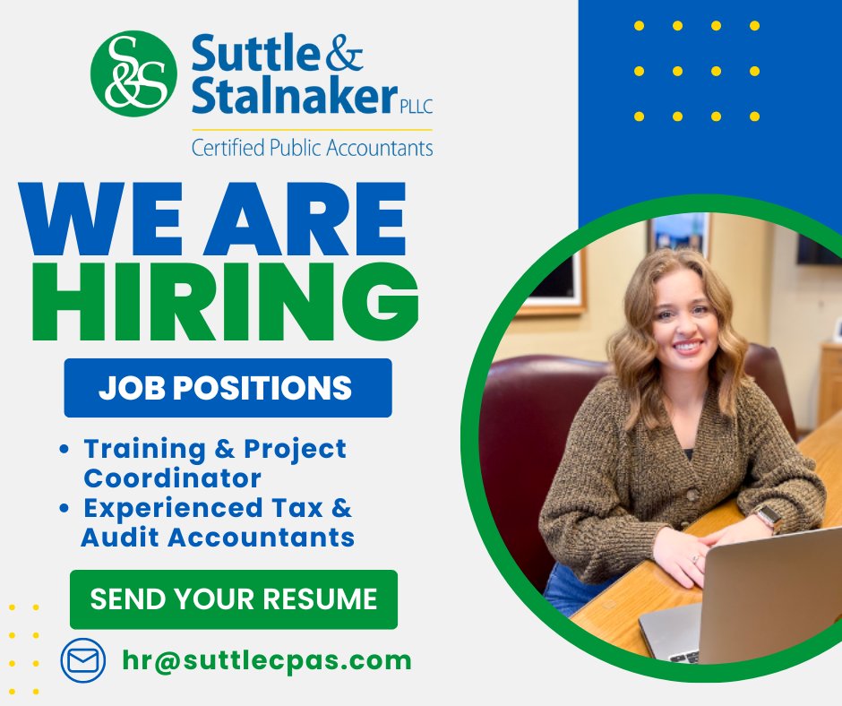 SuttleCPAs's tweet image. Come join Team Suttle! 
-
We are hiring the right candidates for multiple positions and we would love for you to join our team! If you are interested in applying, send your resume to hr@suttlecpas.com or contact our office today.

#TeamSuttle #WV #CPAs #PublicAccounting