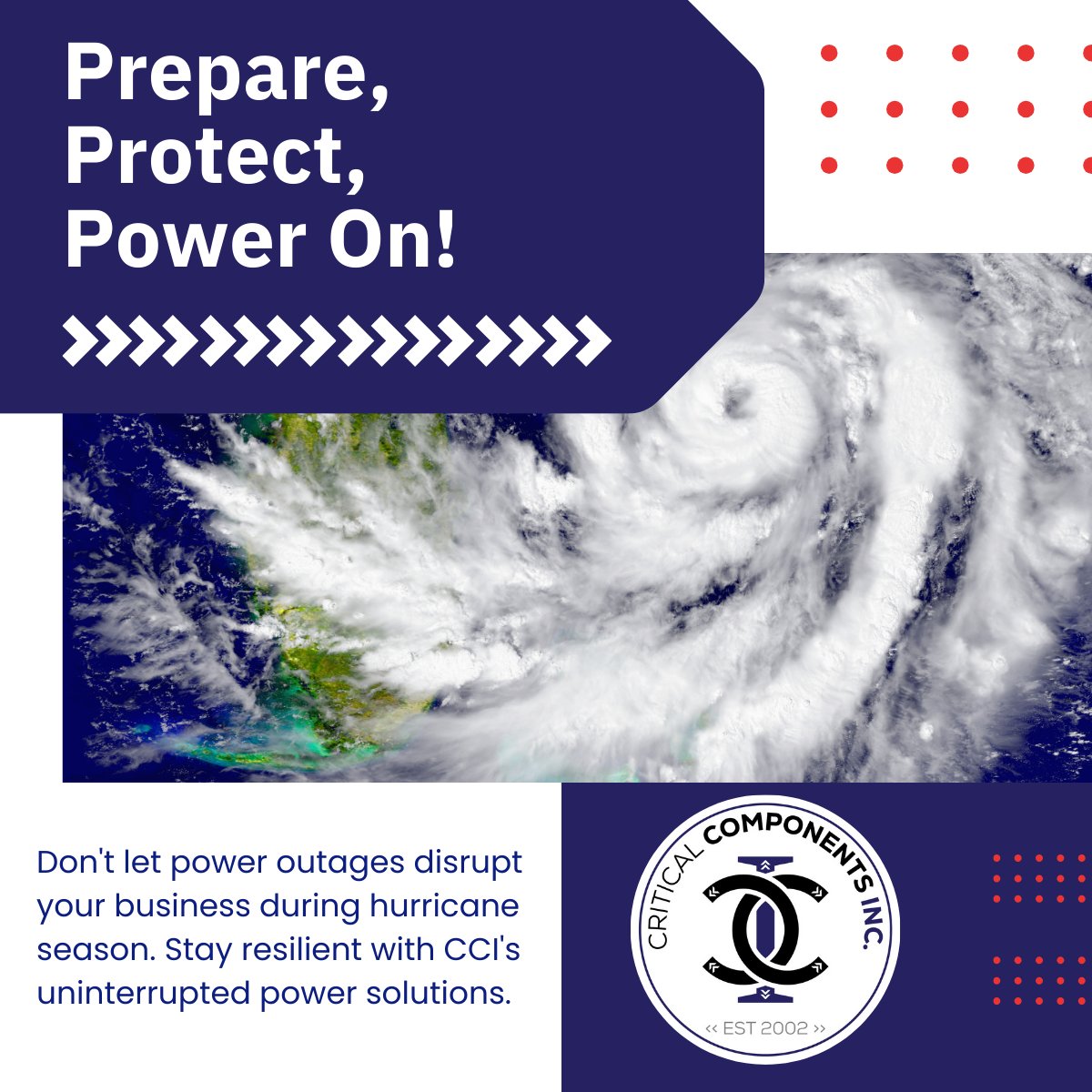 🌀Prepare, Protect, Power On! With hurricane season around the corner, ensure your business stays resilient with CCI's uninterrupted power solutions. Safeguard your critical components with our reliable systems. 
criticalcomponents.net

#HurricanePrep #UninterruptedPower #CCI