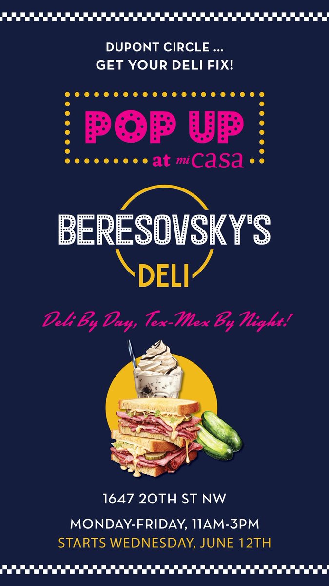 KNEAD Hospitality + Design (@kneadhd) on Twitter photo 📣 Dupont Circle , get ready for the ultimate pop-up experience!!! 🙌
BERESOVSKY’S DELI @ MI CASA!
Deli by Day, Tex-Mex by Night! 🥪🌮
Join us Monday-Friday, 11am-3pm starting Wednesday, June 12th and get your deli fix!
<a href="/DupontCircleBID/">Dupont Circle</a> <a href="/dupontcircle/">Dupont Circle</a> #popup #restaurant #deli 📣 Dupont Circle , get ready for the ultimate pop-up experience!!! 🙌
BERESOVSKY’S DELI @ MI CASA!
Deli by Day, Tex-Mex by Night! 🥪🌮
Join us Monday-Friday, 11am-3pm starting Wednesday, June 12th and get your deli fix!
<a href="/DupontCircleBID/">Dupont Circle</a> <a href="/dupontcircle/">Dupont Circle</a> #popup #restaurant #deli