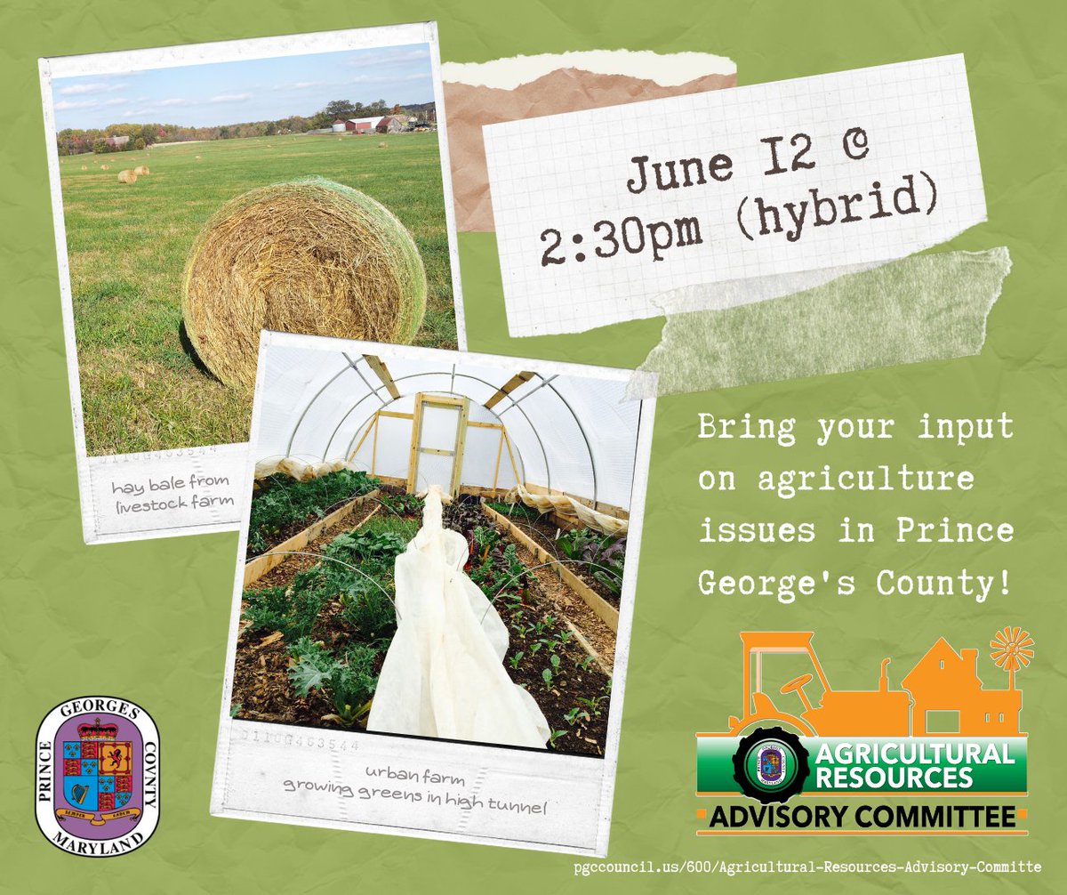 Agricultural Resources Advisory Committee (ARAC) will meet on Wednesday, June 12, 2024 at 2:30 PM – 3:30 PM. This meeting will be held both in-person and virtually, via Zoom. More information can be found here: pgscd.org/event/arac-mee…