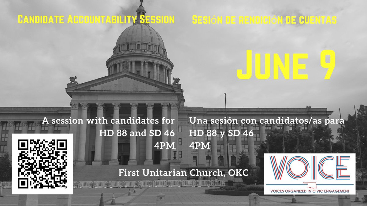 voiceokc's tweet photo. Join us Sunday at 4 pm to hear primary candidates for HD 88 and SD 46 respond to questions on immigration, housing, criminal justice reform &amp; more. https://t.co/1Tmy6tvEmC