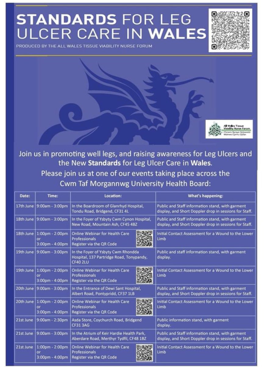 The All wales Standards  for leg ulcer care will be launched across Health Boards soon . Come and join our awareness events @cwmtafmorgannwg over the next few weeks to find out how we aim to improve  leg ulcer healing rates and improve patient outcomes.