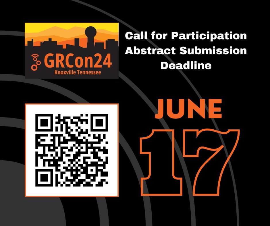 gnuradio's tweet photo. #GRCon is Sept 17-20 in Knoxville, and there are only 10 days left before the abstract submission deadline!
Submissions can be for technical talks, published papers, posters, or workshops on a variety of topics related to open-source software radio.
https://t.co/K545VLvPB5 https://t.co/VnLJFKFxRS