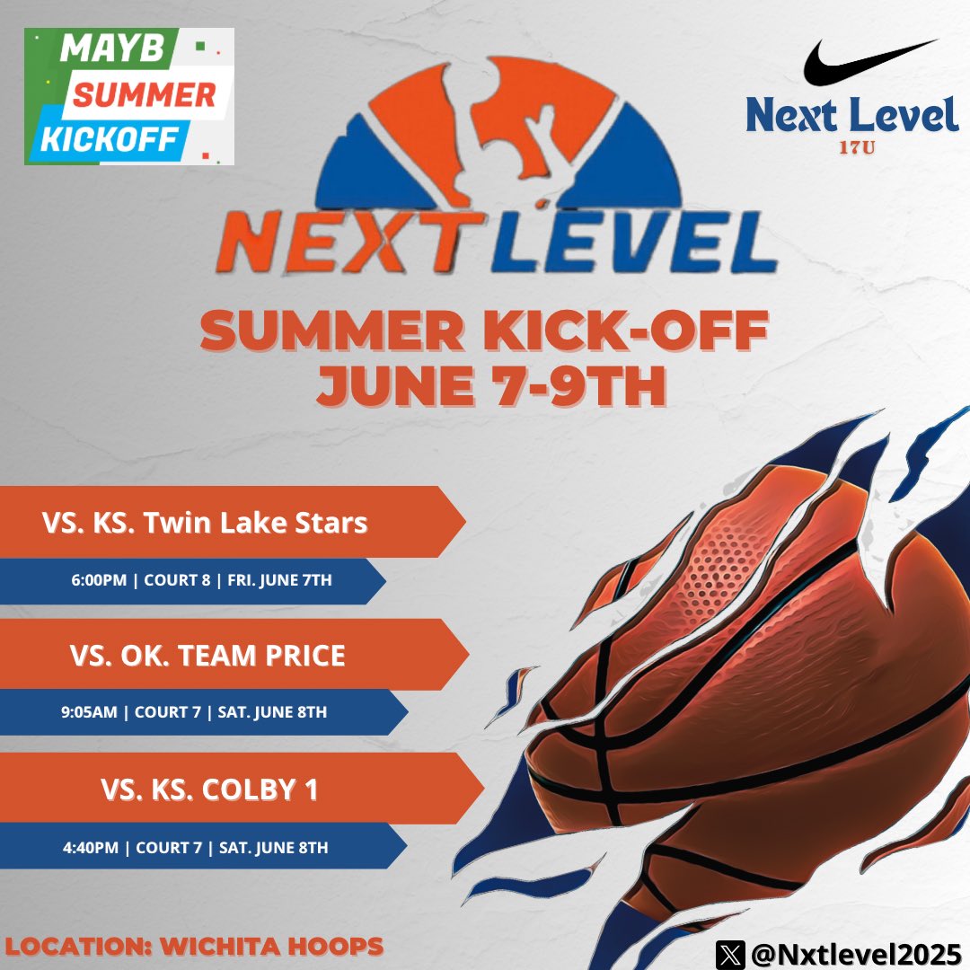NxtLevel2025's tweet photo. Today it begins!
Summer Kick-Off in Wichita!
๐: Wichita Hoops | Court 8
โฐ:
@CoachKDHS @DAllan70 @KaiaSmith248 @NxtLevelEclipse
#BeNextLevel https://t.co/C7fh9WVlKG