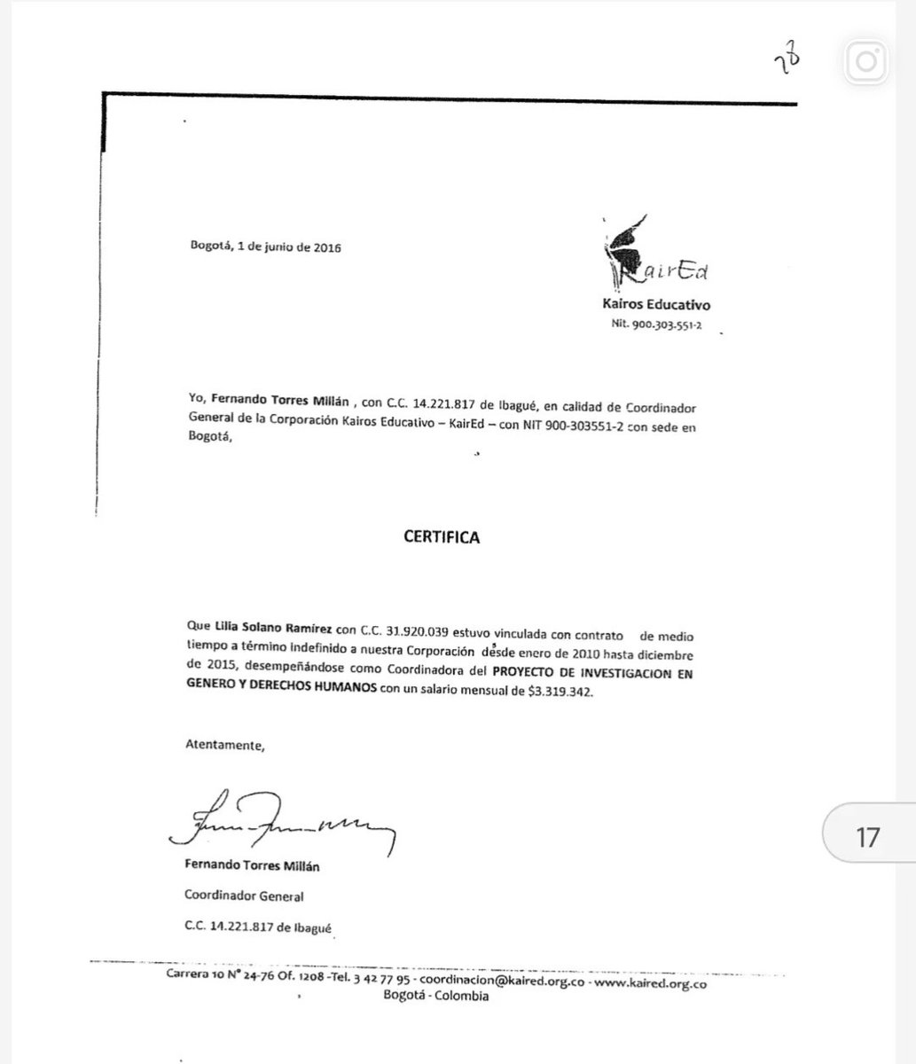 Lilia Solano falsificó este certificado laboral de Fernando Torres Millán,  coordinador de KairEd. @Oikoumene debe saber el rol de Chris Ferguson en  los fraudes de esta funcionaria.