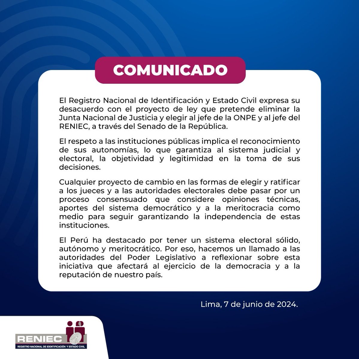 ReniecPeru's tweet photo. #Comunicado | #Reniec expresa su desacuerdo por el proyecto aprobado en la Comisión de Constitución y Reglamento del Congreso. @JNJPeru https://t.co/NHFKWWxcI4