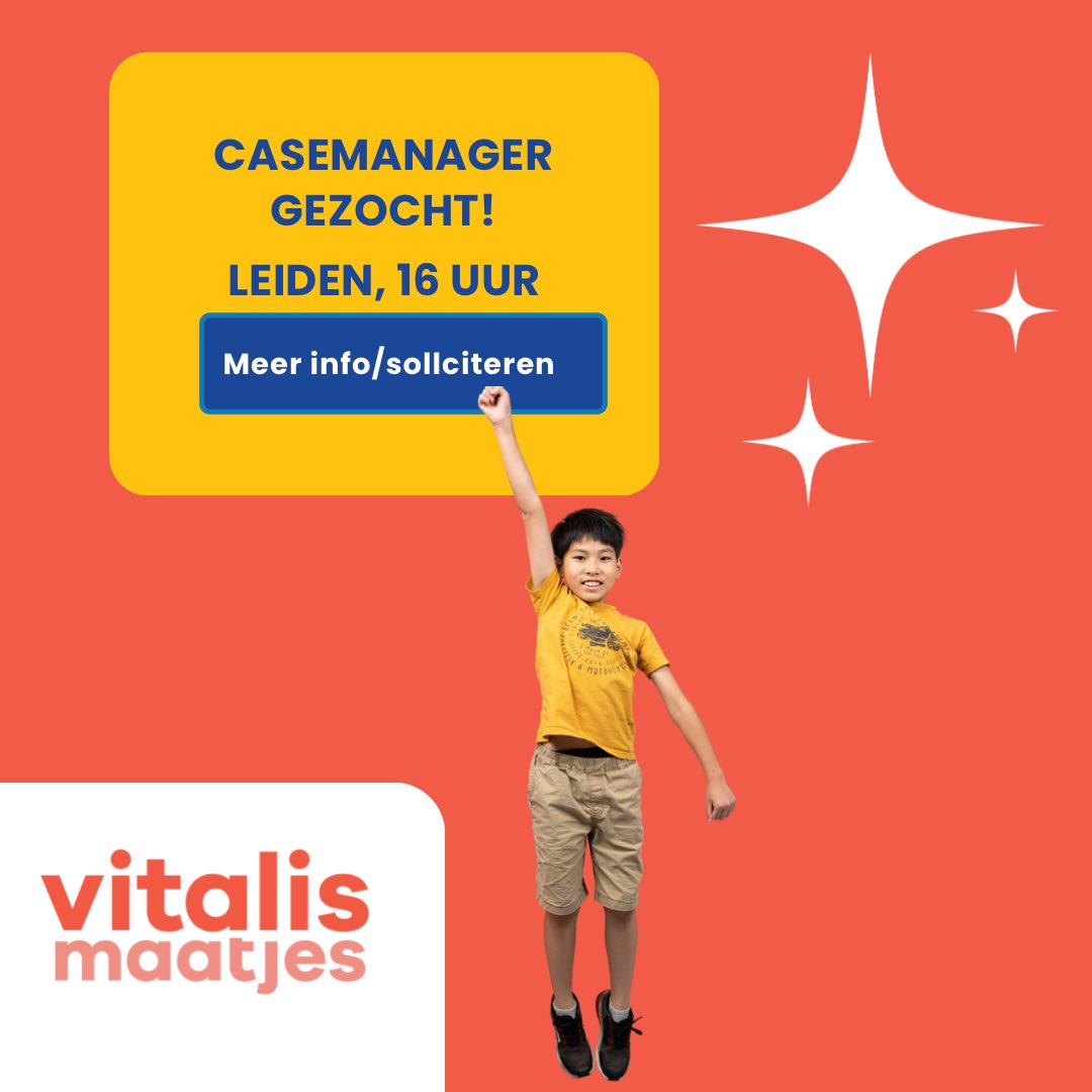 *VACATURE* Casemanager, Leiden, 16 uur!  
Leuke baan in een professioneel team. Jij kunt een kind blij maken met een maatje dat het goed kan gebruiken! Wat wil je nog meer? Solliciteren dus: vitalismaatjes.nl/vacature
#Leiden #DenHaag #Delft, #Westland #Haarlem.