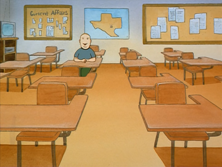 watching some early king of the hill and i'm enamored by this frame. the noseless bobby, the wide-handled texas map, "Curtent Affairs". this is a work of art