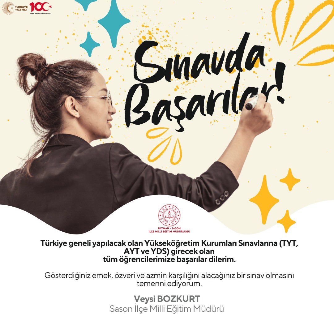 Türkiye geneli yapılacak olan Yüksek Öğretim Kurumları Sınavınlarına girecek olan tüm öğrencilerimize başarılar dilerim.

Gösterdiğiniz emek, özveri ve azmin karşılığını alacağınız bir sınav olmasını temenni ederim.
#tyt #ayt #yds 

<a href="/tcmeb/">Millî Eğitim Bakanlığı</a> <a href="/BozkurtVeysi/">Veysi BOZKURT</a>