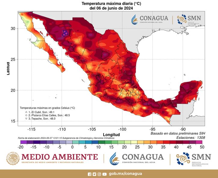 lopezdoriga's tweet photo. El mapa de México por temperaturas. La CONAGUA informó que ayer la máxima fue de 49.1 grados en El Cubil, Sonora. https://t.co/xSnCneJIBU