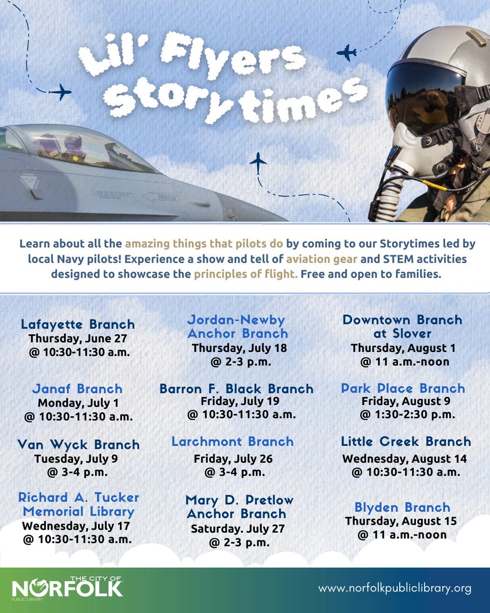 NorfPublicLib's tweet image. Join us for a Lil&apos; Flyers Storytime with Navy pilots!
There will also be STEM activities and a show and tell of aviation gear.
Go to norfolkpubliclibrary.org to see when the Lil&apos; Flyers arrive at a branch near you.
@norfolkva @thesloverva
#lilflyers #navalaviation #pilots
