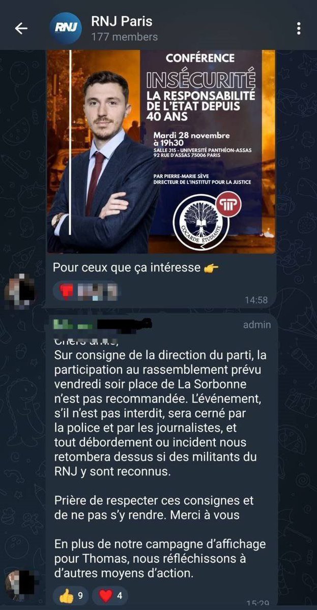 GenZemmour's tweet photo. Pareil ! Après la mort de Thomas Perotto à Crépol. 

Dans un message envoyé sur un groupe Telegram de la fédération RN de Paris, un cadre interdit aux militants de se rendre à un hommage organisé à Paris

(5/12) https://t.co/lmQwOYMrHh