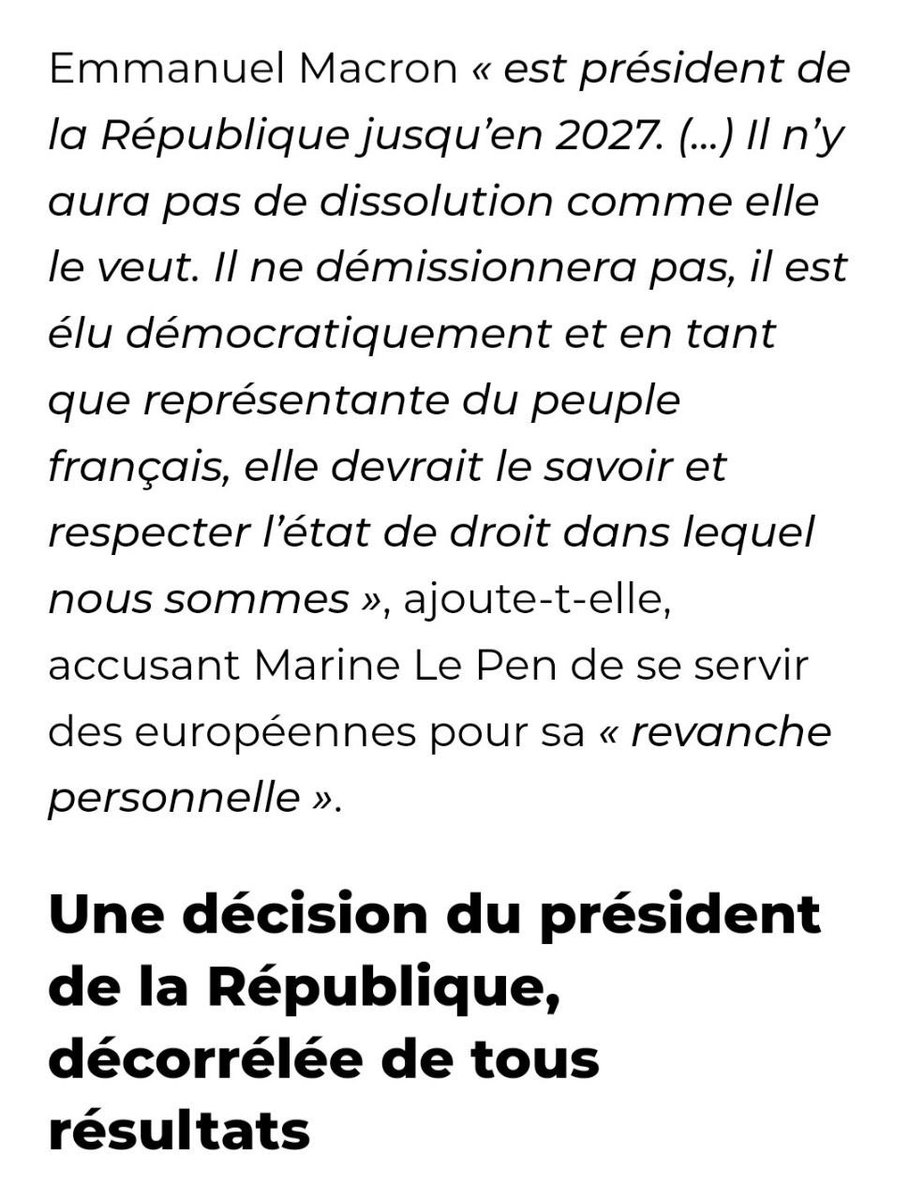 GenZemmour's tweet photo. Les élections européennes ont pour objet de constituer une assemblée, pas d'en dissoudre une autre contrairement à ce que Jordan Bardella laisse entendre avec ses déclarations. 
Macron ne dissoudra pas, comme il ne l'a pas fait en 2019 malgré la première place du RN.

(10/12) https://t.co/y4Pq2kkQ5g