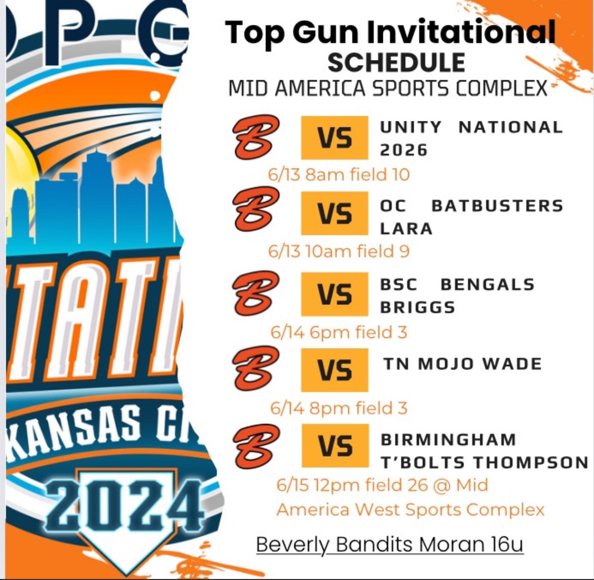Can't wait to get back with my bandit girls for the summer!! Here is our schedule for Top Gun Invitational! Go Bandits🖤🧡 <a href="/DemariniBandits/">Beverly Bandits</a> <a href="/nix131313/">Coach Nix</a> <a href="/nyka_wood/">Nyka</a>