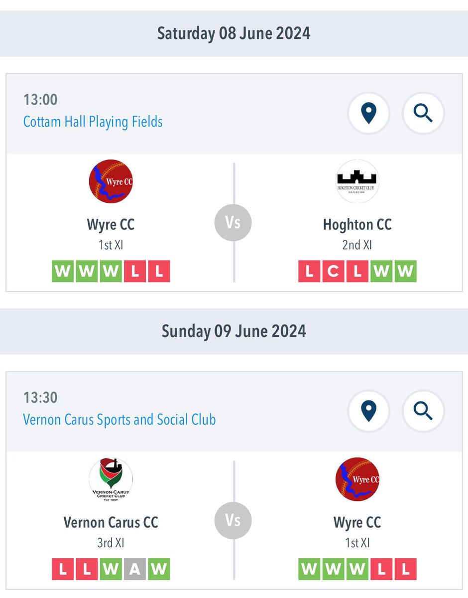 Wyre Cricket Club (@wyrecricketclub) on Twitter photo A rest for the 2s this weekend, but a double header beckons for the 1s. Saturday sees us entertain <a href="/HoghtonCC/">Hoghton Cricket Club</a> at Cottam Hall, then a trip up the 55 on Sunday to face <a href="/VernonCaruscc/">Vernon Carus CC</a> in the Crabtree Cup.
Forza Wyre ✊🏻 A rest for the 2s this weekend, but a double header beckons for the 1s. Saturday sees us entertain <a href="/HoghtonCC/">Hoghton Cricket Club</a> at Cottam Hall, then a trip up the 55 on Sunday to face <a href="/VernonCaruscc/">Vernon Carus CC</a> in the Crabtree Cup.
Forza Wyre ✊🏻