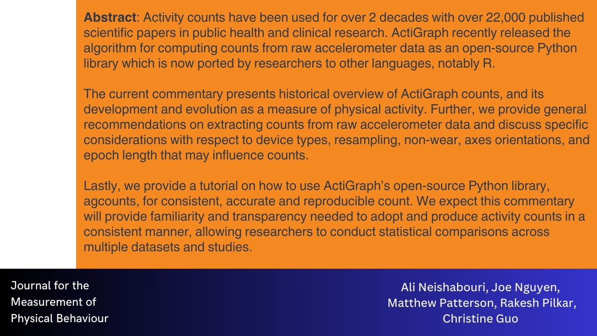 Journal for the Measurement of Physical Behaviour (@jmpbjournal) on Twitter photo ‼️Available Soon:
A new technical note, "A Walkthrough of #ActiGraph Counts" from <a href="/ChristineGuo_AG/">Christine Guo</a> and colleagues.
Read the abstract here: ‼️Available Soon:
A new technical note, "A Walkthrough of #ActiGraph Counts" from <a href="/ChristineGuo_AG/">Christine Guo</a> and colleagues.
Read the abstract here: