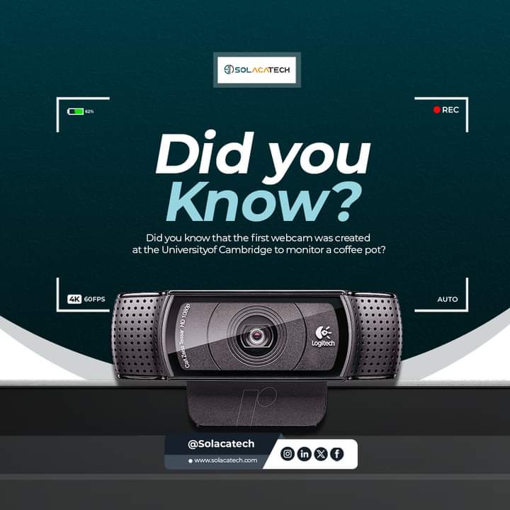 solacatech's tweet photo. Did you know that the first webcam was created at the University of Cambridge to monitor a coffee pot? 

Back in 1991, researchers at the Computer Laboratory of the University of Cambridge set up a camera pointed at a coffee pot in the Trojan Room.

#funtechfact #webcamhistory https://t.co/qT3gtx2Uqk