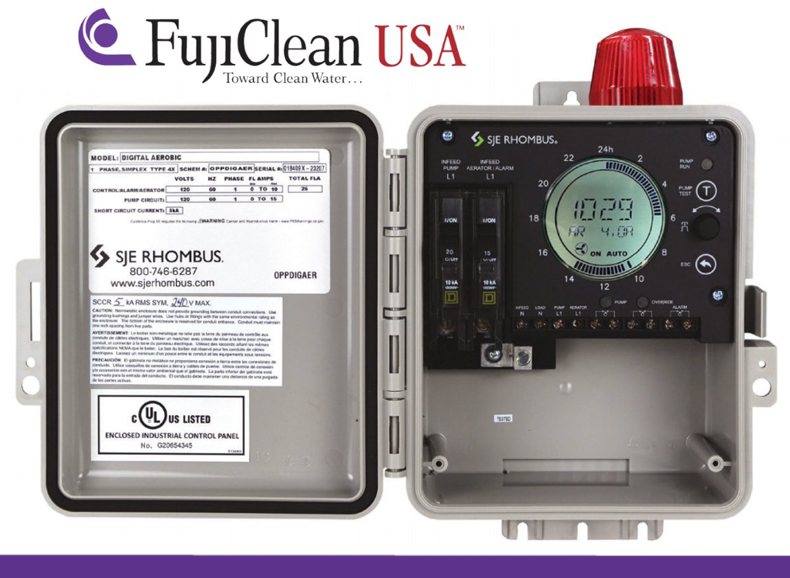 FujiCleanUSA's tweet photo. FujiClean &amp; SJE-Rhombus now offer the Digital Aerobic panel for the three most common applications: 1) Aerator Only, 2) Demand Dosing, or 3) Timed Dosing up to 4 events.  More information is on our website Tech Library and YouTube.

#ATU #septic #digitalpanel #aerobictreatment https://t.co/pJzlg0QErG