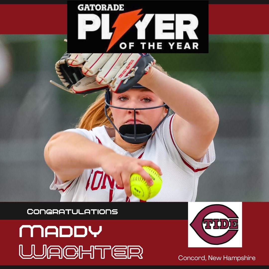 Huge congratulations to Maddy Wachter, who was named Gatorade's Softball Player of the Year for New Hampshire! Maddy joins teammate Sarah Taylor, who won the award last year, as one of 6 Tide players to have won the award. So well deserved!