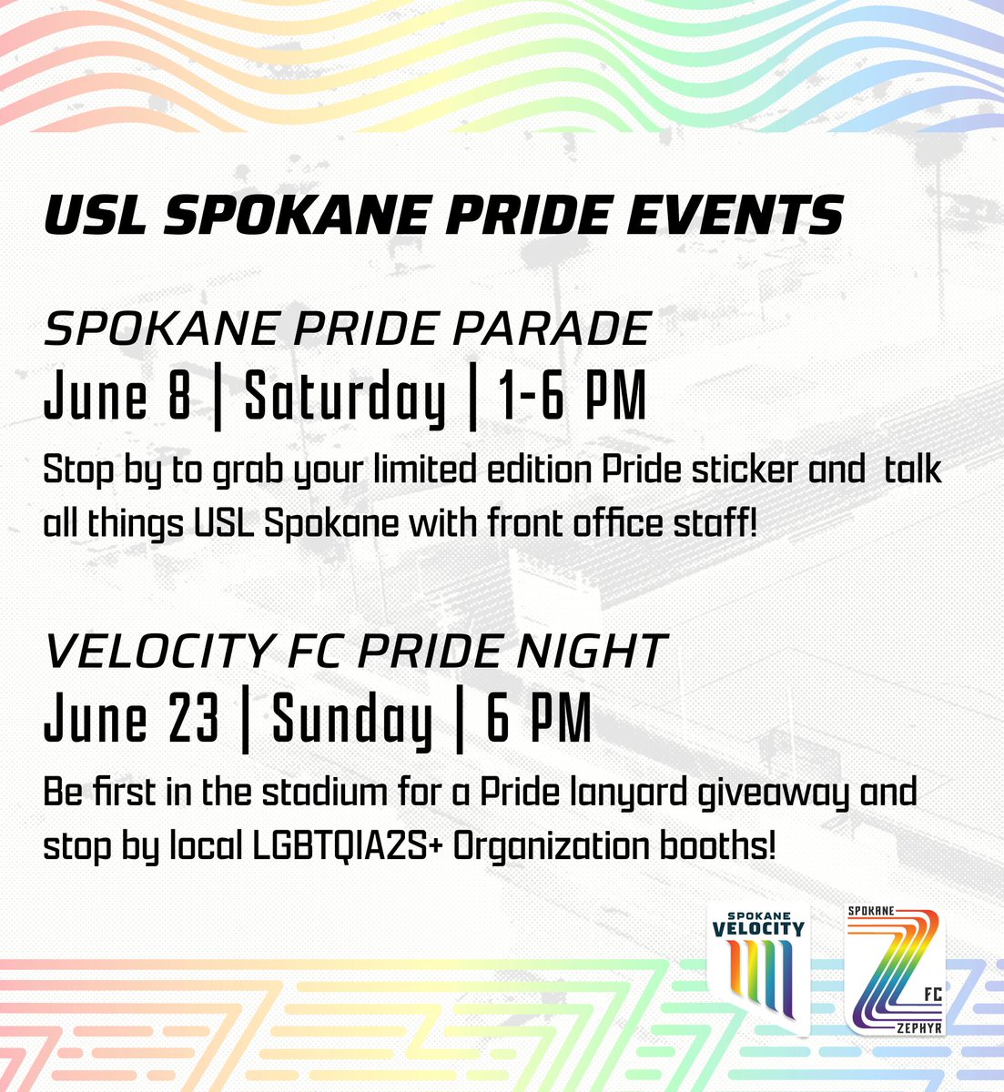 SpokaneVelocity's tweet photo. 🏳️⚧️ Celebrate Pride with USL Spokane! 🏳️🌈 We are thrilled to participate in Spokane Pride's Pride Parade this Sat! Stop by the USL Spokane table in River Front Park & Mark your 🗓️ for Velocity FC’s Pride Night on June 23rd vs Lexington!
#SpokanePride #SpokaneVelocityFC #Pride https://t.co/dIQfddEvqd