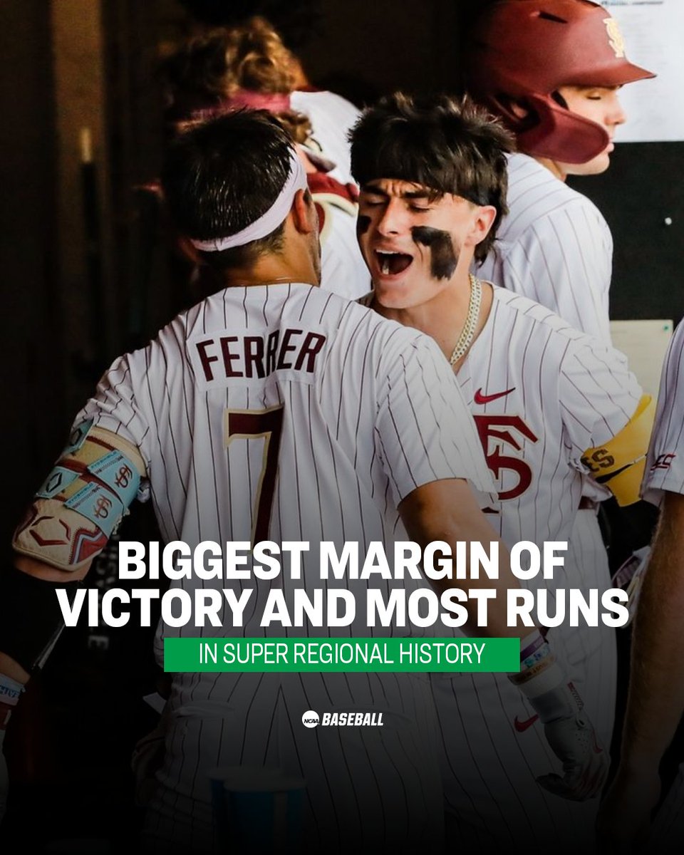 NCAA Baseball (@ncaabaseball) on Twitter photo .<a href="/FSUBaseball/">FSU Baseball</a> is raising the bar in Supers
📈 Biggest margin of victory in Supers - 20 runs
📈 Most runs score in Supers - 24 runs
#RoadToOmaha .<a href="/FSUBaseball/">FSU Baseball</a> is raising the bar in Supers
📈 Biggest margin of victory in Supers - 20 runs
📈 Most runs score in Supers - 24 runs
#RoadToOmaha