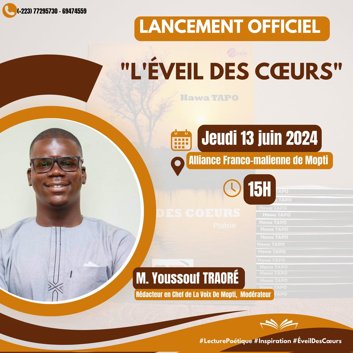MerlinMoptika's tweet photo. Nous vous présentons monsieur Youssouf TRAORÉ, Enseignant, Journaliste, Blogueur et Rédacteur en Chef de La Voix De Mopti. Il aura la charge de modérer la cérémonie de lancement de "L'ÉVEIL DES CŒURS". 📚 💡

🗓🕰Rendez-vous le 1️⃣3️⃣ juin 2024 à 1️⃣5️⃣h.
📍 Mopti. https://t.co/aDdwtRFmkU