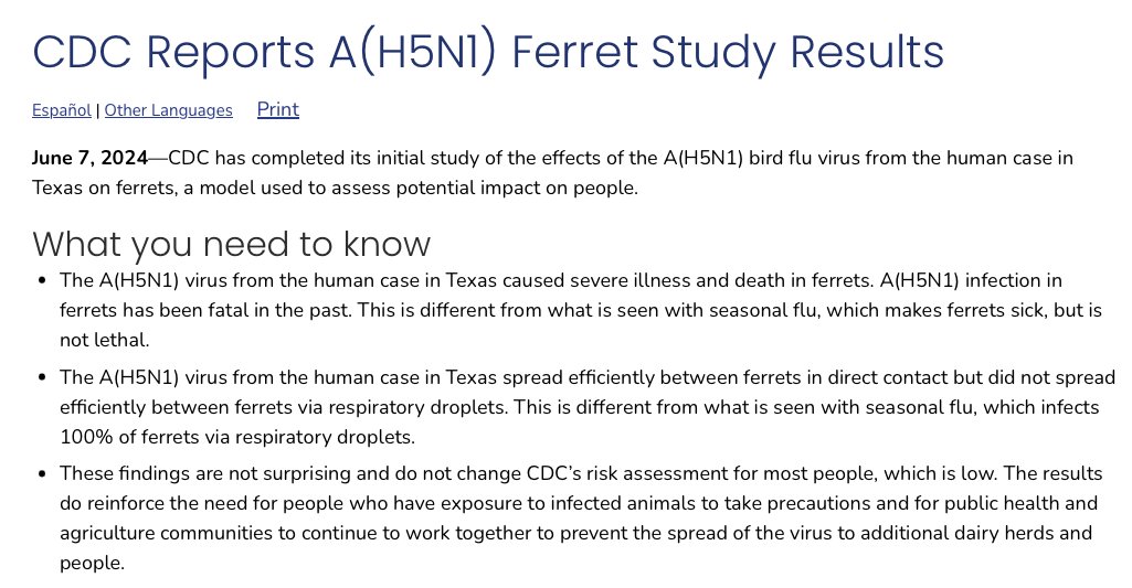 AbraarKaran's tweet photo. An important #H5N1 update from CDC:
"CDC has completed its initial study of the effects of the A(#H5N1) bird flu virus from the human case in Texas on ferrets, a model used to assess potential impact on people."

Caused severe illness/death in ferrets, consistent with prior experiments. Efficient transmission when ferrets in the same enclosure; poor transmission between ferrets via respiratory route. 
https://t.co/XiWqh4YloP