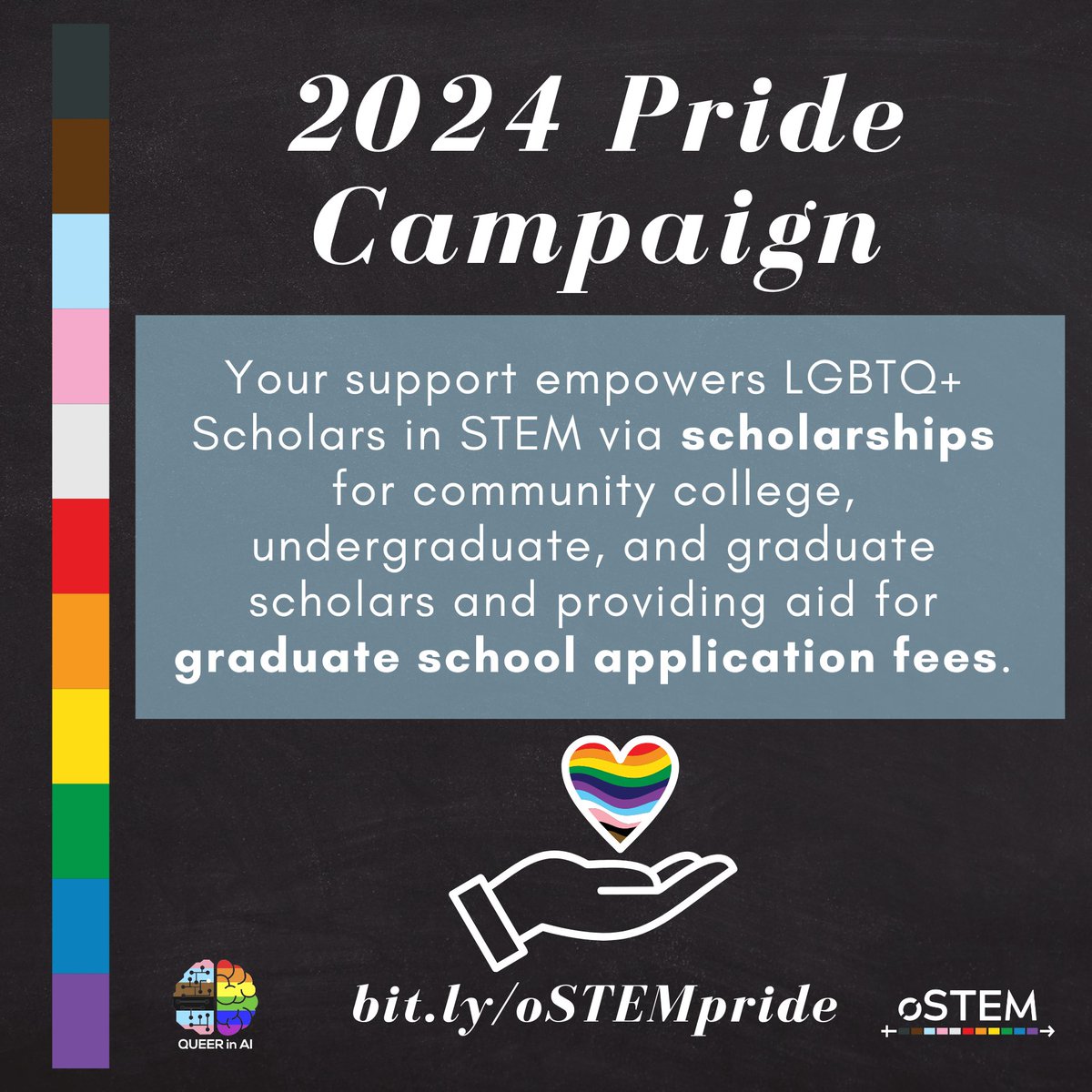 oSTEM Incorporated (@outinstem) on Twitter photo Happy Pride Month! For Pride month this year, oSTEM and Queer in AI are fundraising for two programs to support #LGBTQ+ scholars in #STEM: Scholarship and Grad App Assistance programs. Celebrate #PrideMonth by helping uplift LGBTQ scholars! Donate at bit.ly/oSTEMpride Happy Pride Month! For Pride month this year, oSTEM and Queer in AI are fundraising for two programs to support #LGBTQ+ scholars in #STEM: Scholarship and Grad App Assistance programs. Celebrate #PrideMonth by helping uplift LGBTQ scholars! Donate at bit.ly/oSTEMpride