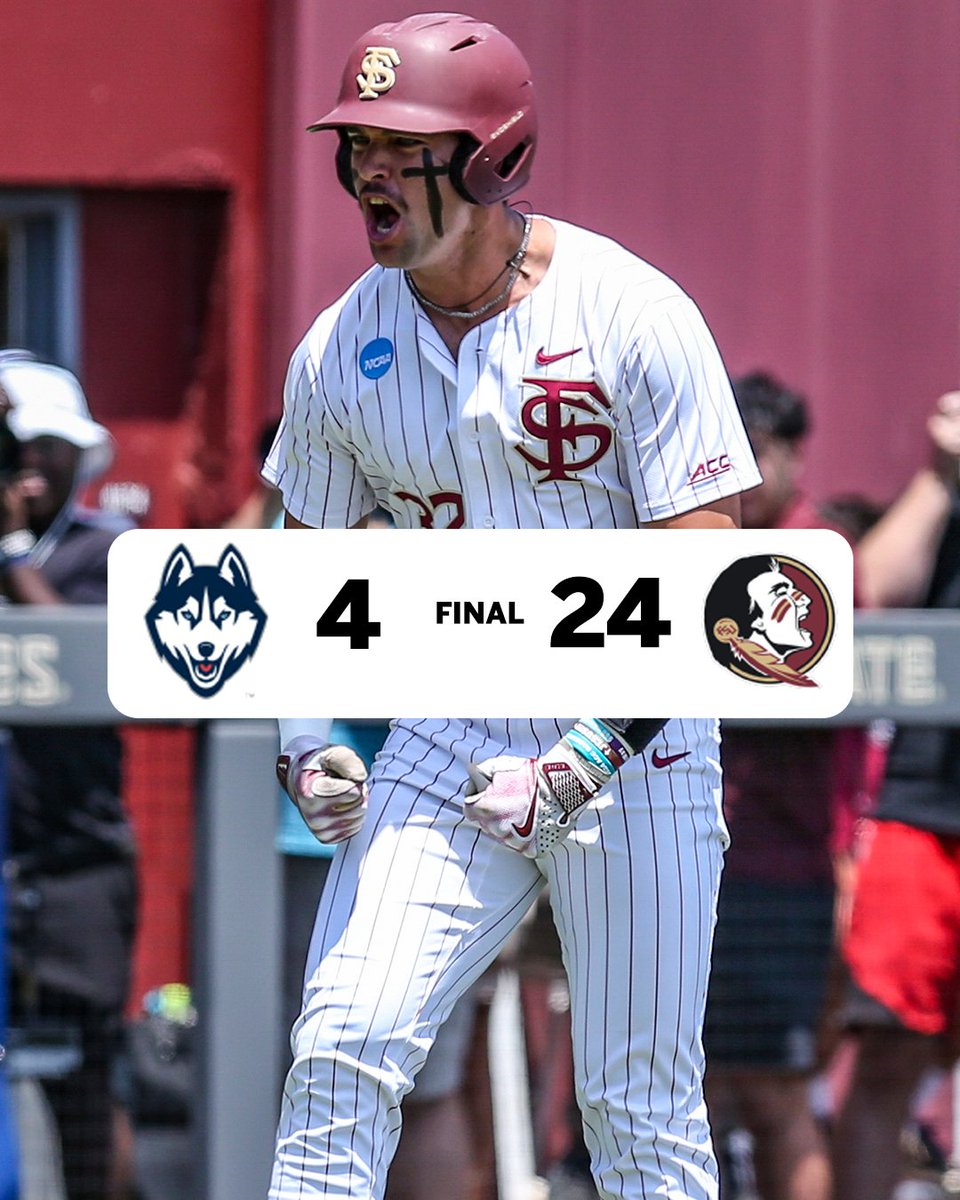 accnetwork's tweet photo. FSU breaks the NCAA record for most runs scored in a Super Regional game 😤 @FSUBaseball https://t.co/uI1696VvTF