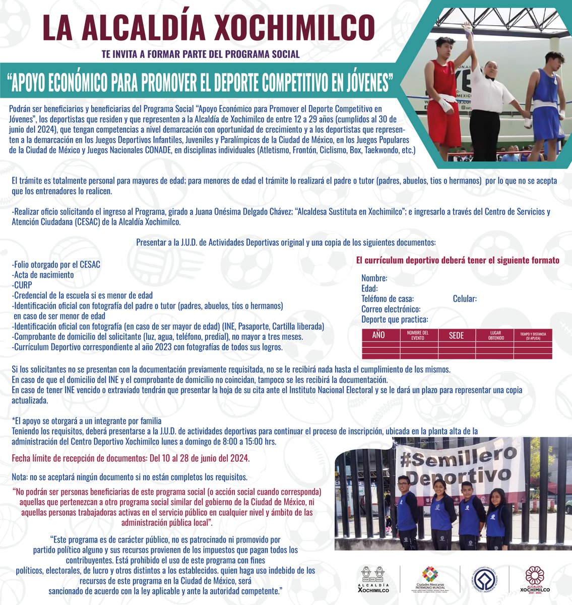 XochimilcoAl's tweet image. #Convocatoria Si tienes de 12 a 29 años y eres deportista de nuestro #Xochimilco, puedes ser beneficiaria o beneficiario del “Apoyo económico para promover el deporte competitivo en jóvenes” 🥊🏃‍🏊‍🚣‍🥊🏀🏈⛹

Checa toda la información aquí: tinyurl.com/yc2y3hv6
