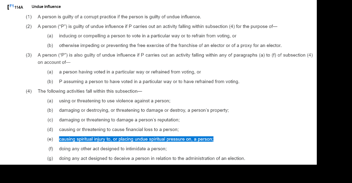 _Soilleir_'s tweet photo. @JAHeale That appears to be an offence under Section 114A of the Representation of the People Act 1983 (corrupt practice and undue influence):

(4) (e) causing spiritual injury to, or placing undue spiritual pressure on, a person
https://t.co/MDKMlhCa4O https://t.co/vINfakNS8o