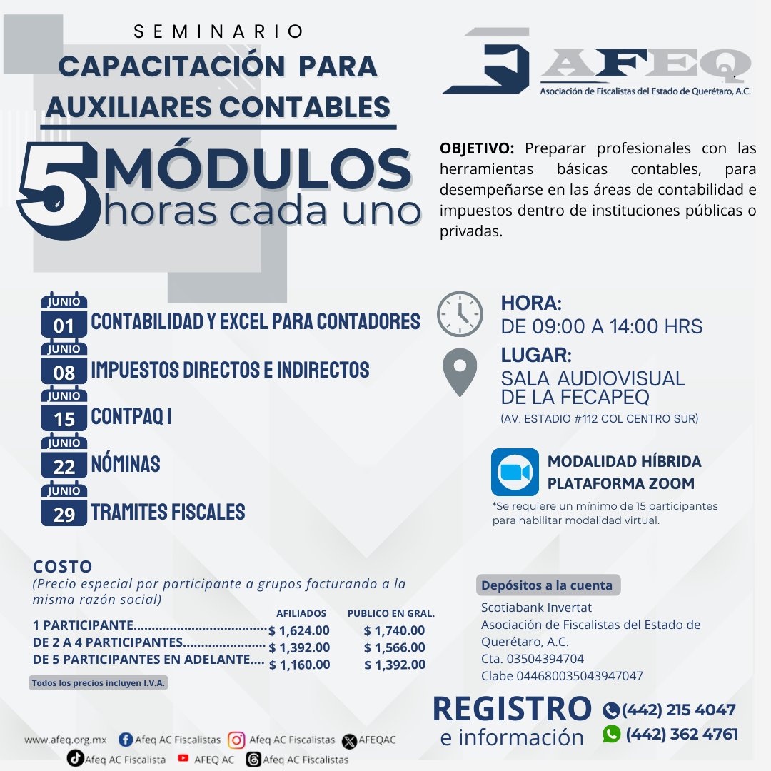 AFEQAC's tweet photo. Como parte del Seminario de Capacitación para Auxiliares Contables qué la AFEQ ha preparado paravtodos sus afiliados, te invitamos a participar en el módulo de IMPUESTOS DIRECTOS E INDIRECTOS que será impartido por nuestro Ex Presidente,  el Mtro. Carlos Mario Mejía
@mariohmtres https://t.co/SnHkYVAFLp