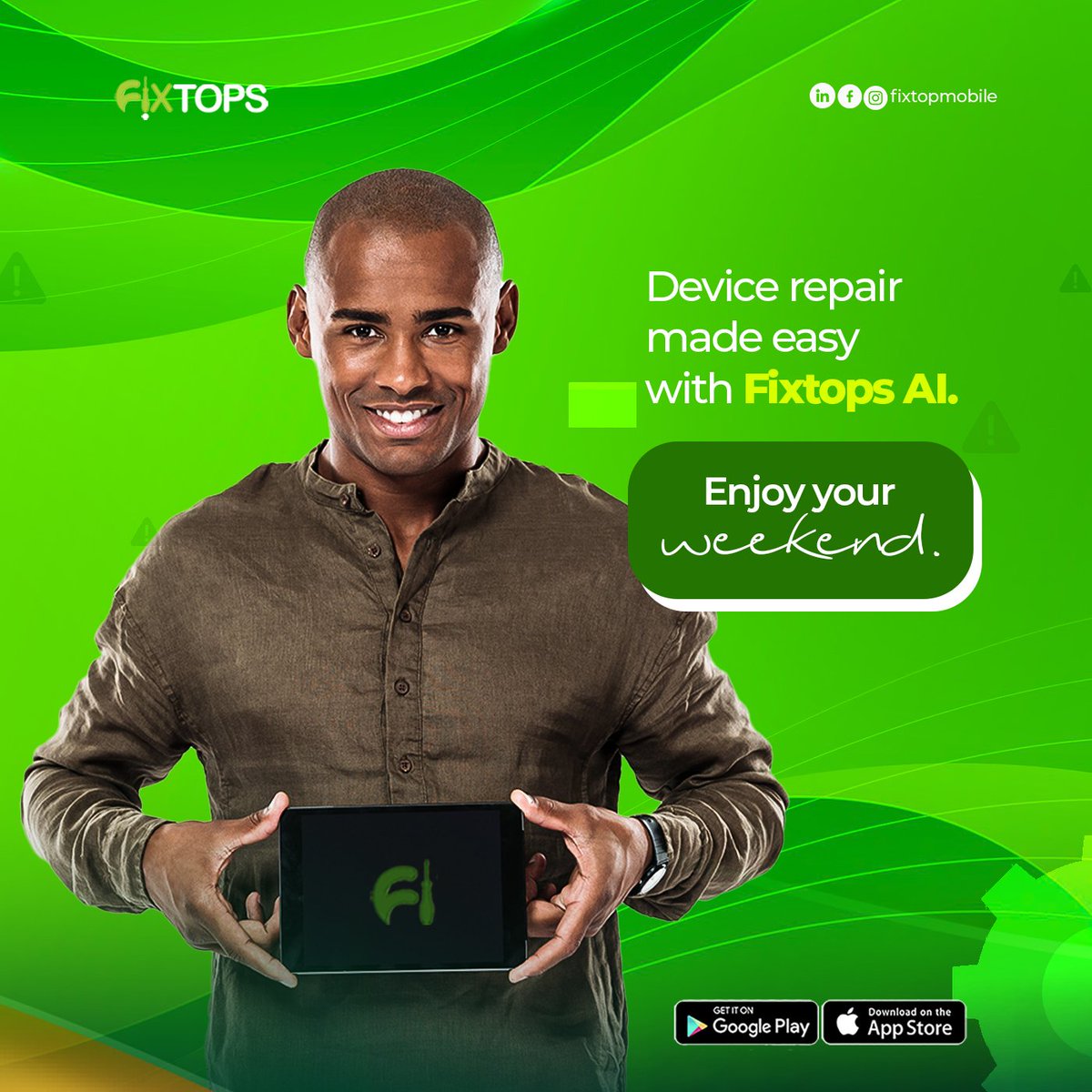 FixtopsNG's tweet image. Get instant update on your repair status this weekend with Fixtops AI.

Visit fixtops.com to get started
.
.
fixtops AI coming soon... 
#Fixtops2.0 #AIRepair #FixtopsAI #CustomerFirst #TechSupport #AIDriven #RepairSolutions