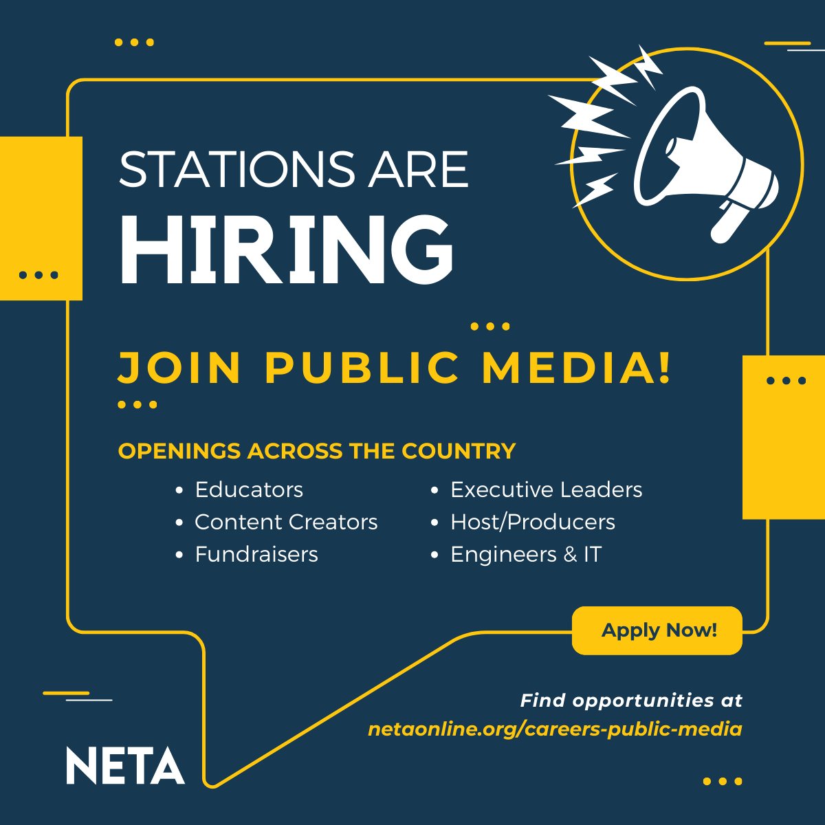 Check out who’s hiring in #PublicMedia! Stations have opportunities from coast to coast and across many disciplines. Content, education, engagement, marketing, fundraising, engineering, and many more! netaonline.org/careers-public… #pubmediahires #jobsearch #job #nowhiring #jobopening