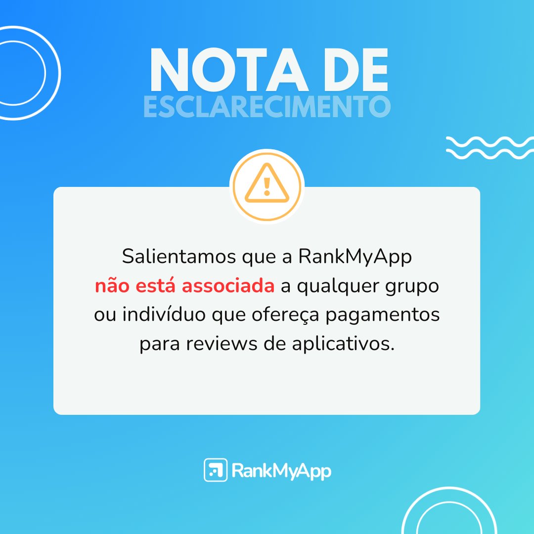 Alerta: Cuidado com golpes! 
📷 Golpistas estão usando o nome da RankMyApp para pedir dinheiro por reviews falsos de aplicativos. Fique atento:

A RankMyApp nunca solicita pagamentos por reviews.

Denuncie qualquer contato suspeito.

Proteja seu app e mantenha-se informado. =