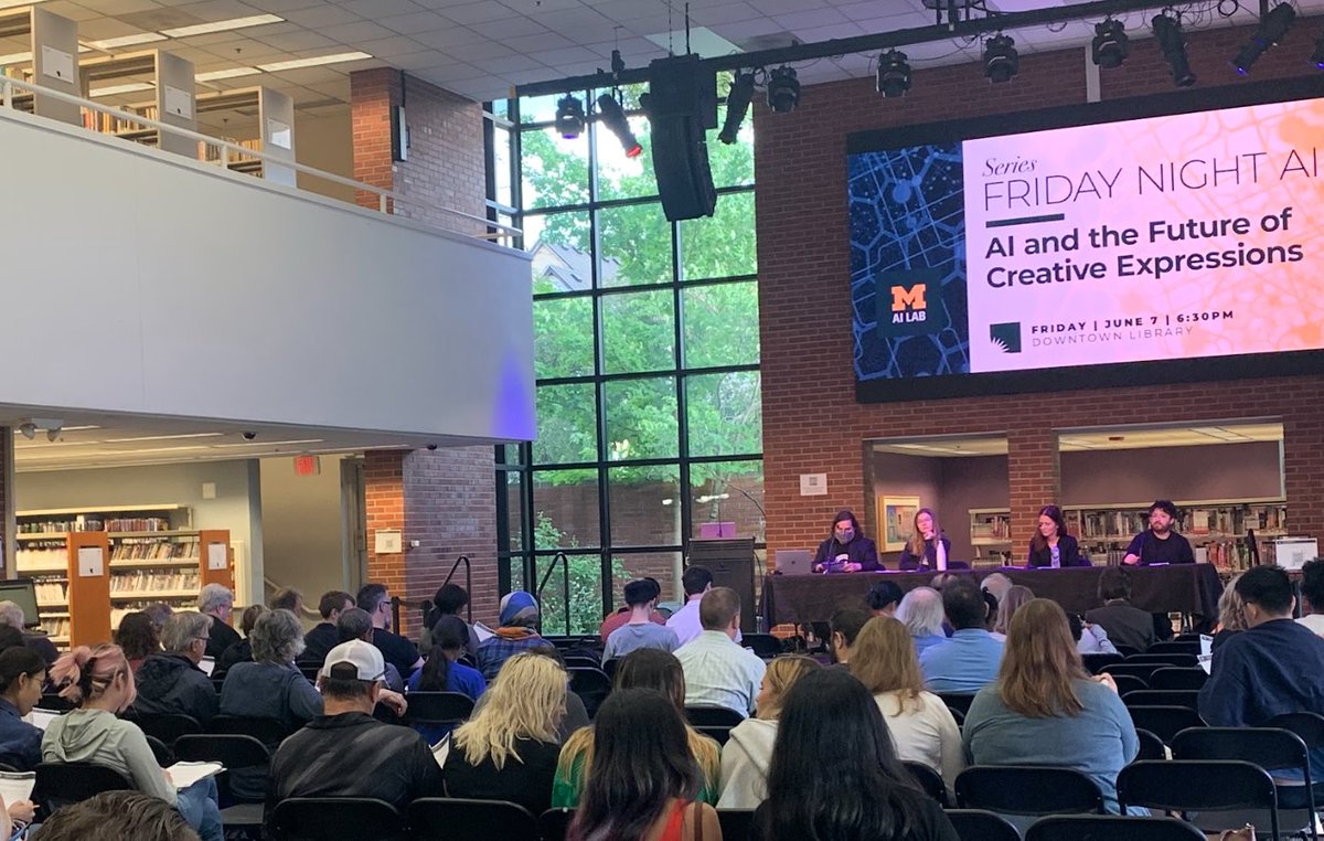 michigan_AI's tweet photo. Just wrapped up an incredible #FridayNightAI event!
The conversations about #AI and creativity were thought-provoking, thank you to our inspiring speakers (@OanaIgnatRo & Garrett Schumann @garrt, @radamihalcea) and guests and to the amazing public that showed up tonight @aadl! https://t.co/RiJBr3l70H