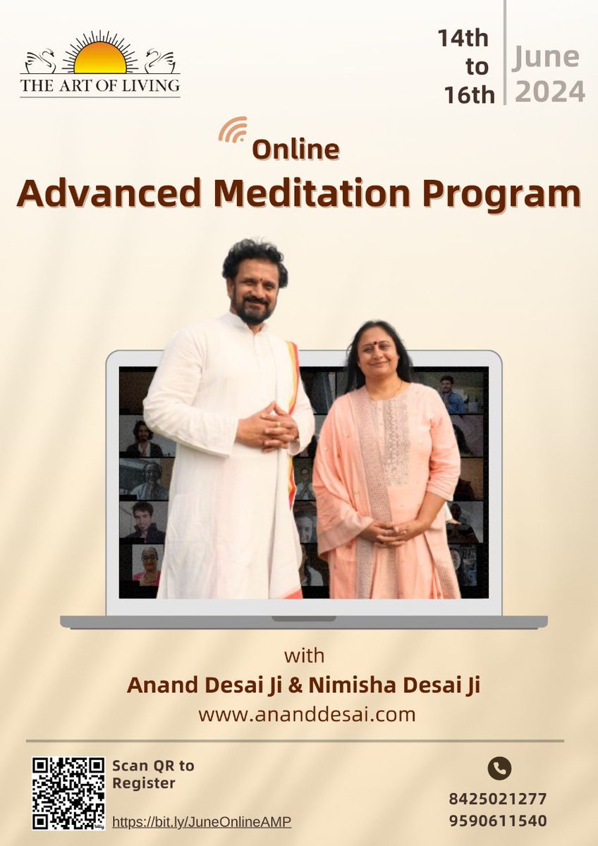 anand__desai's tweet photo. Gm🙏 

केवल बौद्धिक विकास तनाव को साथ ले कर आता है।
———————————-
💐Our upcoming #Online programs🙏👇

#AdvancedMeditationProgram  
&amp; 
#SahajSamadhiMeditationProgram 

🗓️ 
14th to 16th June
(Friday to Sunday)

📞
84250 21277 https://t.co/1UlzneSCFe