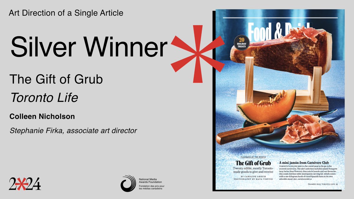 MagAwards's tweet photo. Taking home the Silver award for Art Direction of a Single Article is Colleen Nicholson for @torontolife's "The Gift of Grub"! #NMA24 https://t.co/Vhdz4TgILf
