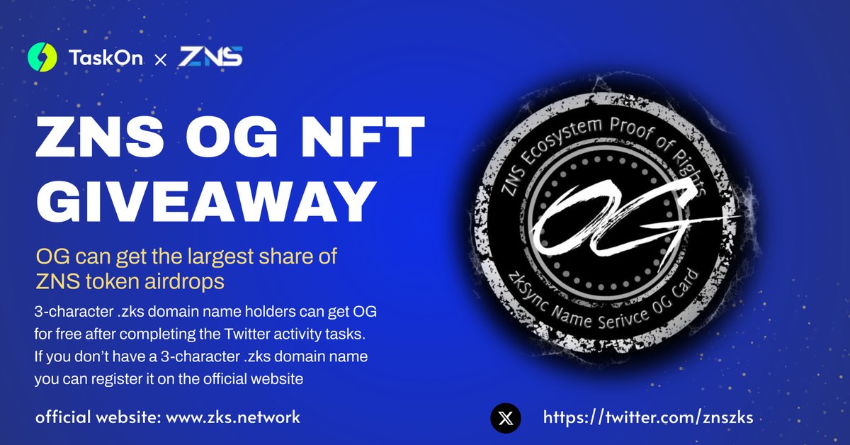 📢 The opportunity to get ZNS OG NFT for free.Holders can obtain more ZNS airdrops📢
We are holding a Twitter task event with TaskOn. Users who complete the task will receive ZNS OG NFT for free.
🚀Event link:taskon.xyz/campaign/detai…
🎊OG holders will receive the maximum amount of