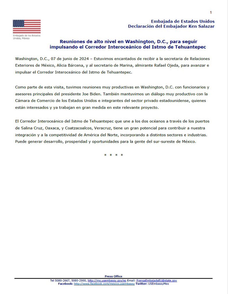 Reuniones de alto nivel en Washington, D.C., con la secretaria <a href="/aliciabarcena/">Alicia Bárcena</a> y secretario <a href="/AlmiranteSrio/">Raymundo Pedro Morales Ángeles</a> Ojeda para seguir impulsando el Corredor Interoceánico del Istmo de Tehuantepec
👉 mx.usembassy.gov/es/reuniones-d…