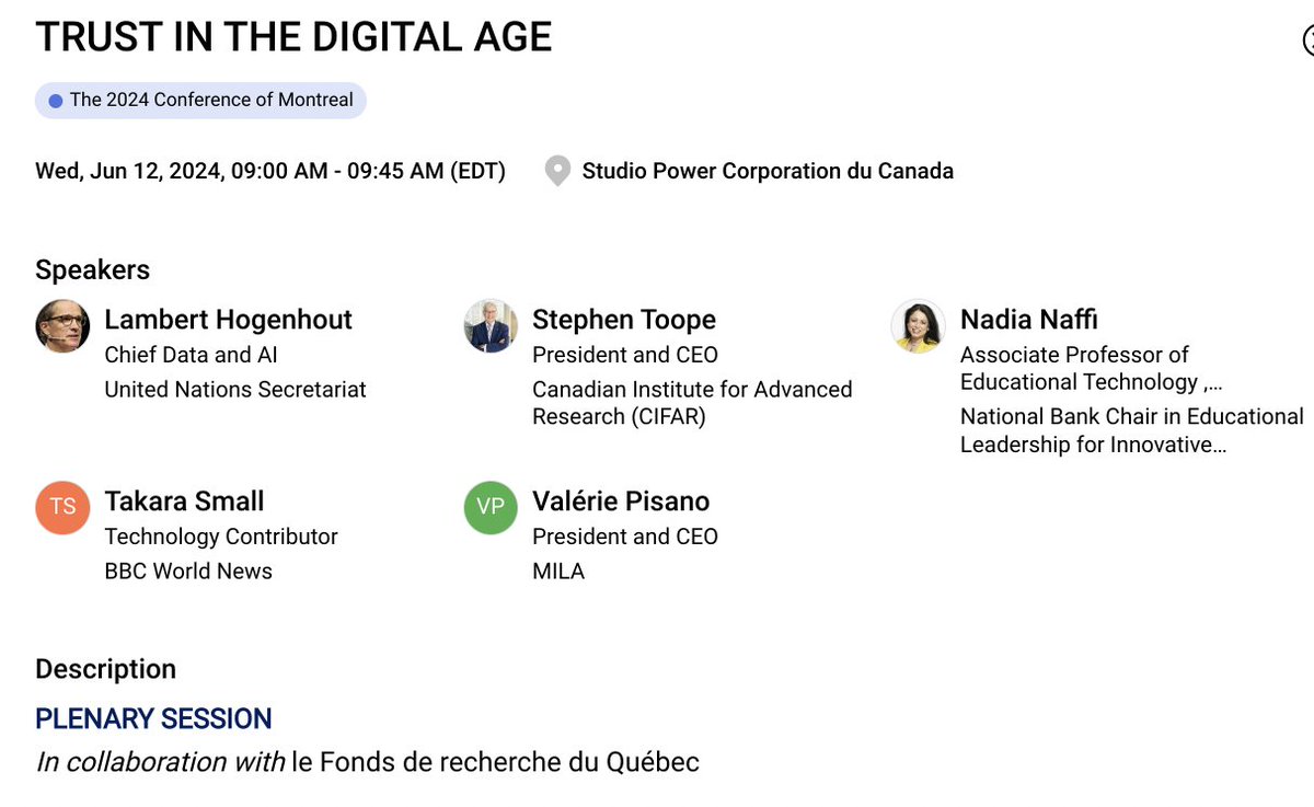 Thrilled 2 join extraordinary experts 2 discuss TRUST IN THE DIGITAL AGE, a panel animated by the 1 &amp; only <a href="/takarasmall/">Takara Small</a> @ the 30th Edition - Conference of Montreal 2024 - Leading in an Accelerating World, in collaboration with <a href="/FRQSC/">FRQ - secteur Société et culture</a> 
<a href="/AmericasForum/">International Economic Forum of the Americas</a> 
laconferencedemontreal.com/?_gl=1*ch22zl*…