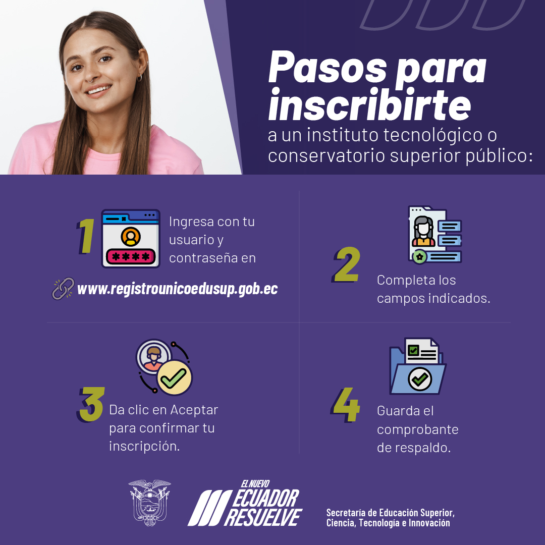 🗓️ INSCRÍBETE del 10 al 12 de junio para ingresar a un instituto tecnológico o conservatorio superior público.

En: 🔗 registrounicoedusup.gob.ec

🟣 Las universidades y escuelas politécnicas públicas manejan sus propias etapas y fechas de admisión, contáctate con la de tu interés.