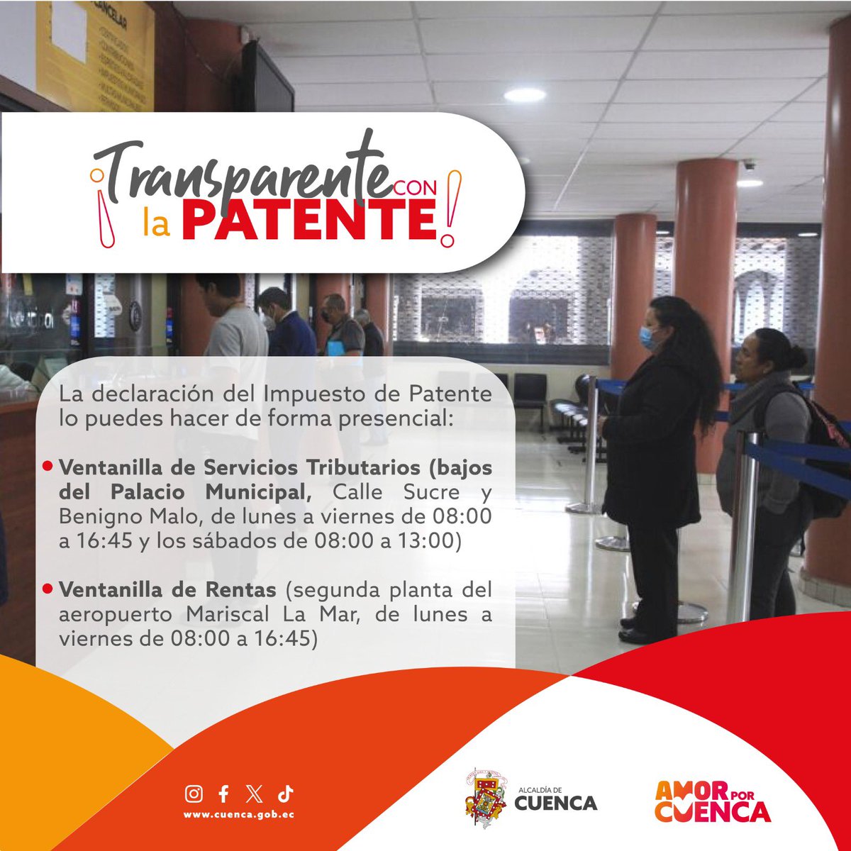 Estefania Vintimilla Peña (@tefavintimilla) on Twitter photo 🔴¿Aún no has cancelado tu patente?
Recuerda que el plazo para evitar recargos y multas finaliza este 30 de junio.
¡Acércate a nuestras ventanillas del <a href="/MunicipioCuenca/">Municipio Cuenca</a> y te ayudamos, estamos atendiendo también los días sábados! 🔴¿Aún no has cancelado tu patente?
Recuerda que el plazo para evitar recargos y multas finaliza este 30 de junio.
¡Acércate a nuestras ventanillas del <a href="/MunicipioCuenca/">Municipio Cuenca</a> y te ayudamos, estamos atendiendo también los días sábados!