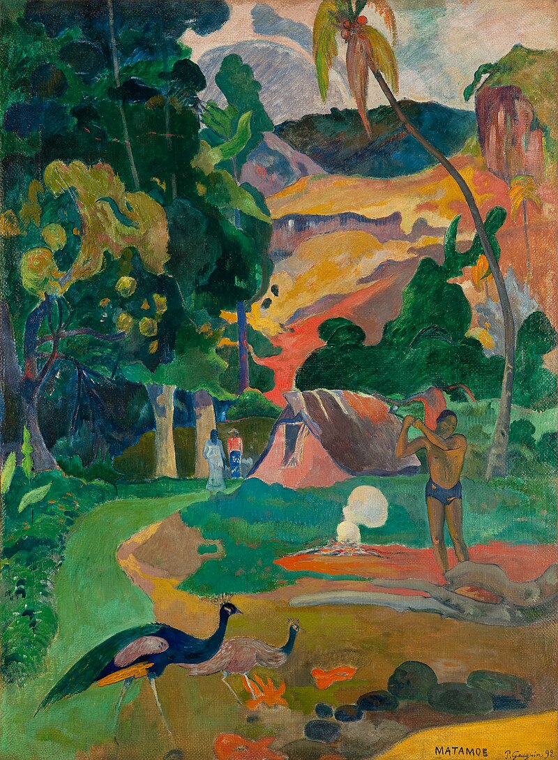 French post impressionist painter Paul Gauguin, born in Paris on this day  in 1848. Le paysage aux paons (La mort) Landscape with Peacocks (Death)  (oil on canvas, 1892) #Painting #postimpressionism #Primitivism, image size:800x1089