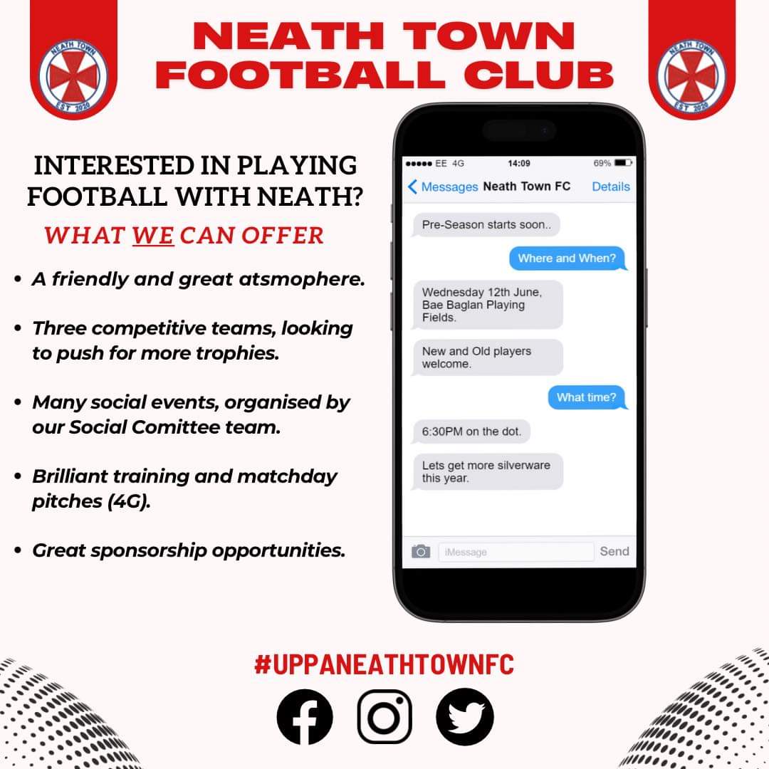 Pre season trainng starts June 12th. 

All new and old players welcome.

#NeathTown