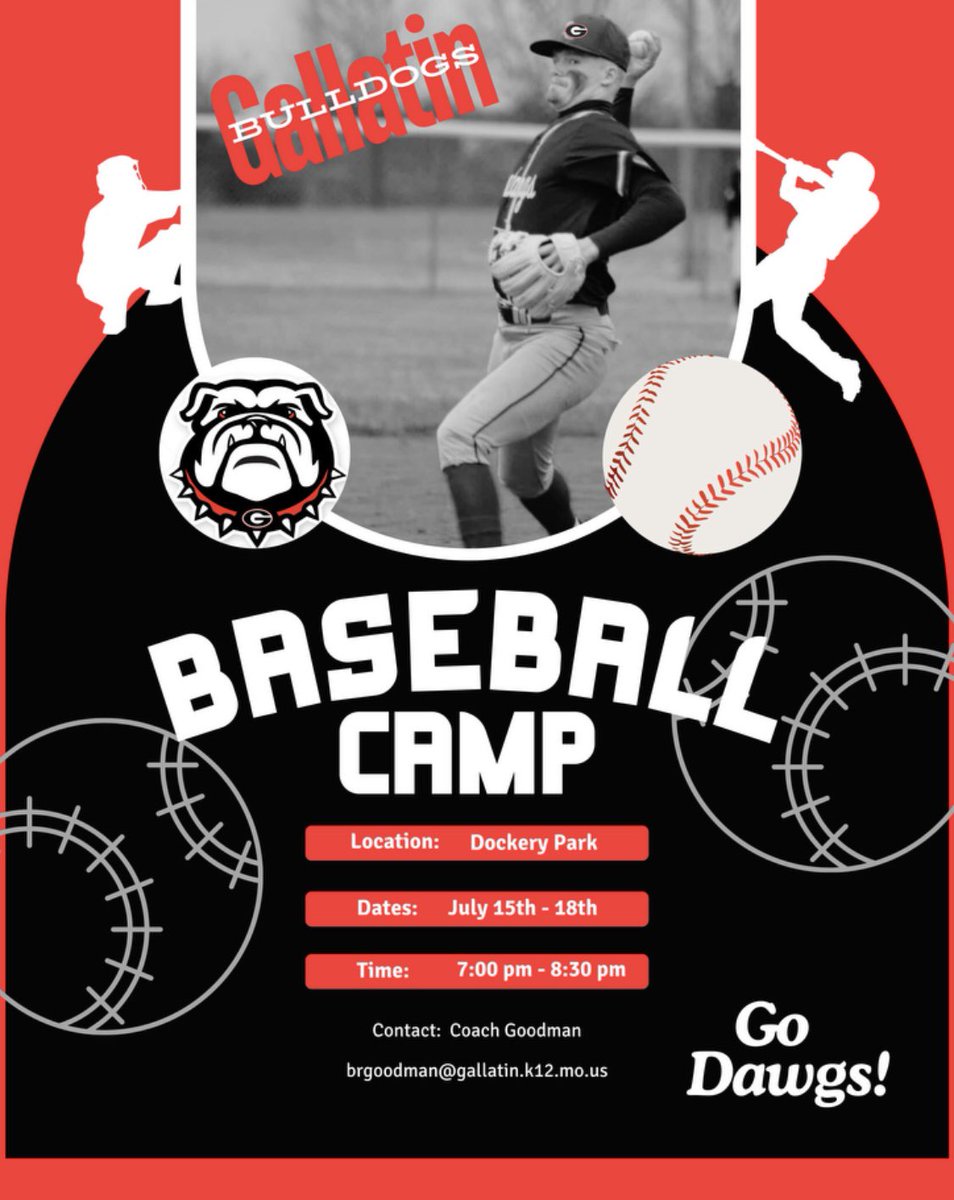 We will be having a 4 day High School Baseball Camp.  Any Gallatin High School Students, 9th-12th grade interested in playing next season.  If you have any questions please contact Coach Goodman #GoDawgs